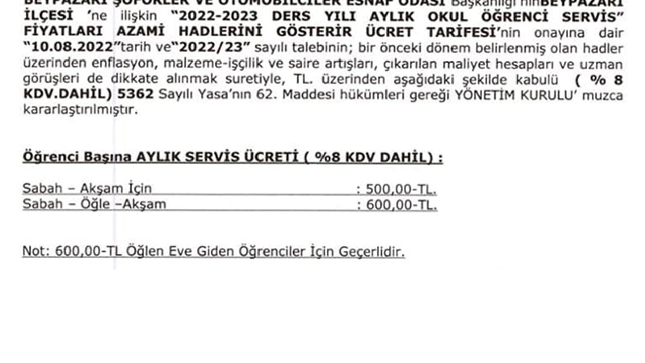 Beypazarı’nda Öğrenci Servisi Ücretleri Belli Oldu