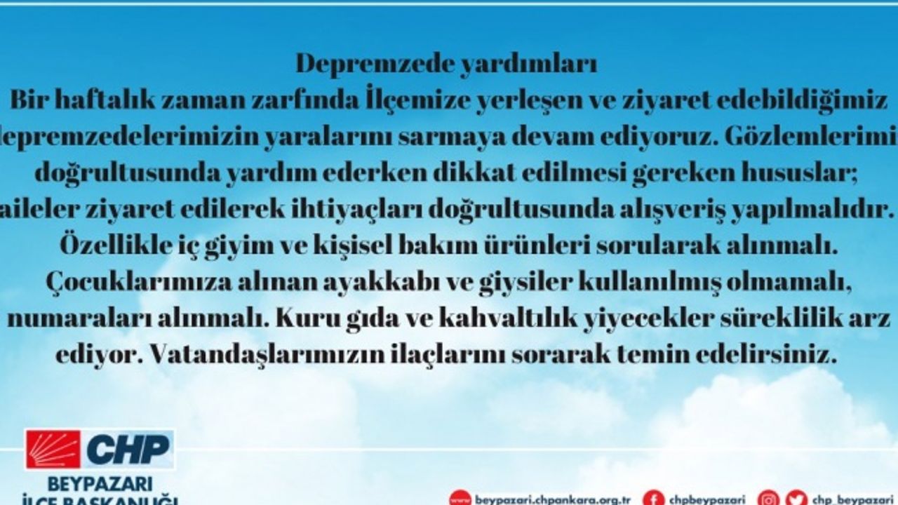 CHP Beypazarı İlçe Başkanlığı Depremzedelerin Yanında